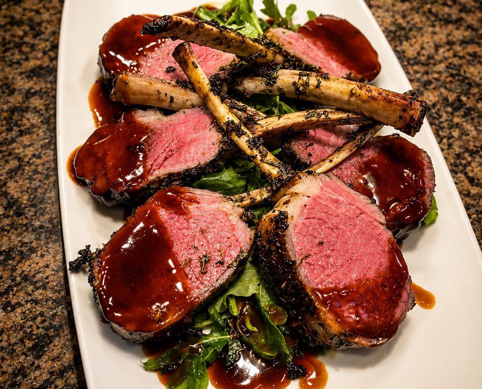 Medium rare filet mignon with asparagus served by Chef Damon Renfroe