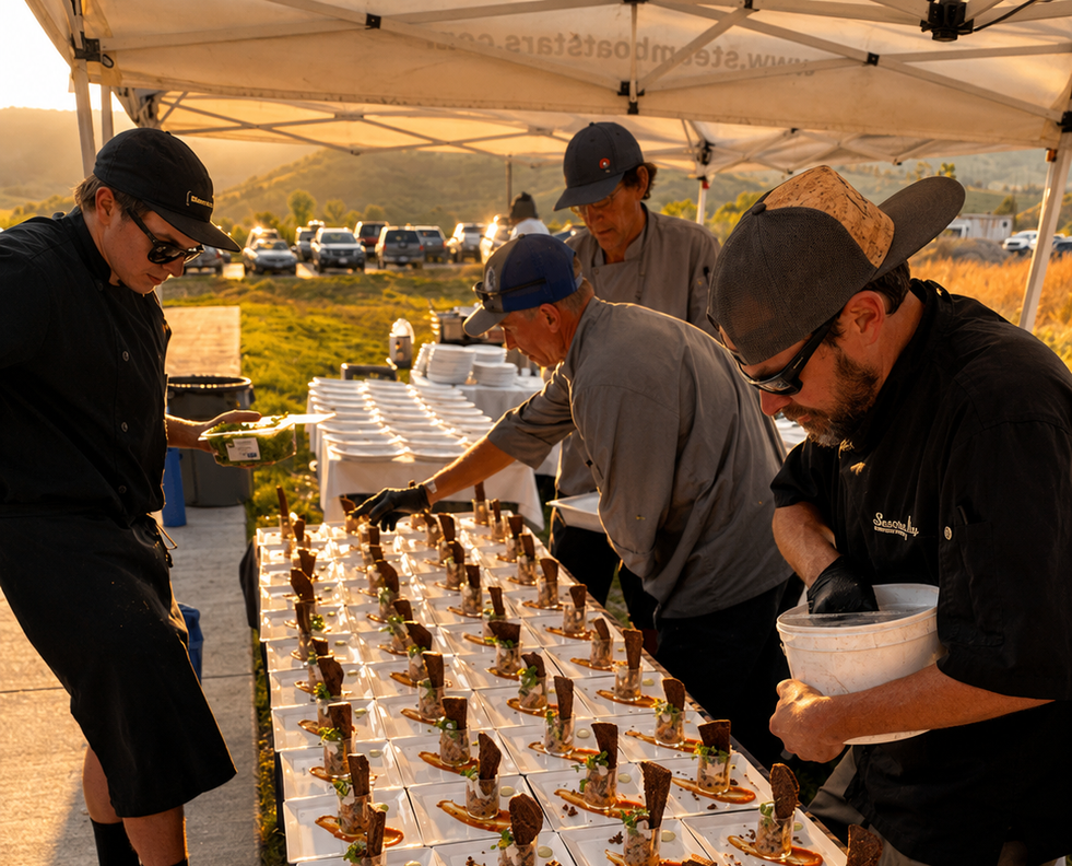 Outdoor catering setup with plated appetizers for a special celebration