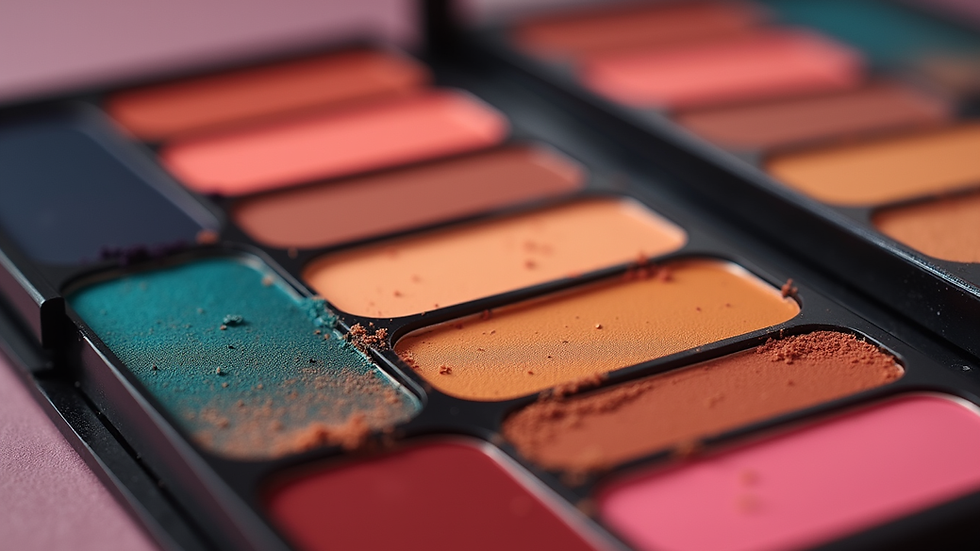 Close-up view of a makeup palette with vibrant colors