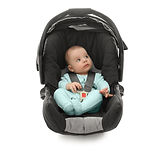 Adorable baby boy sitting in car seat with safety belt on white background.jpg