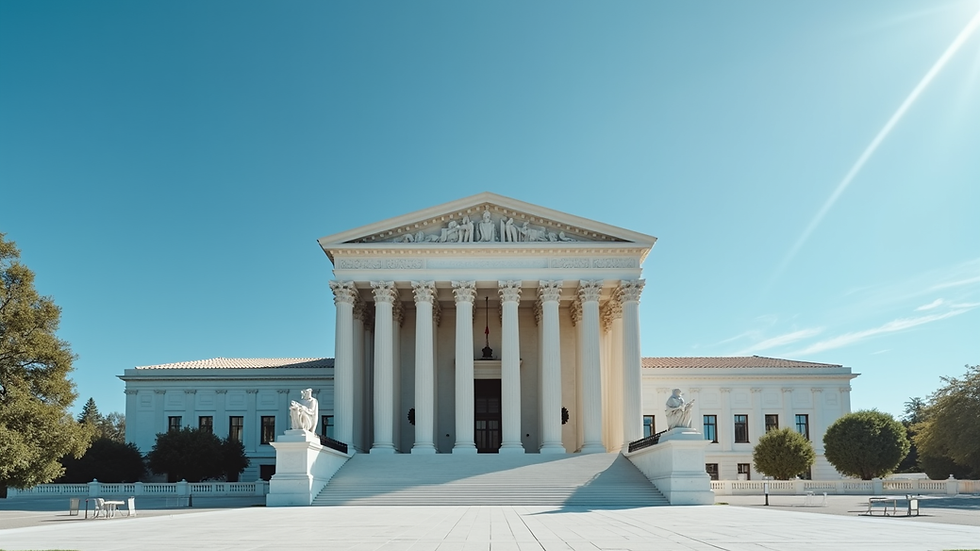 Eye-level view of a modern courthouse with a clear blue sky