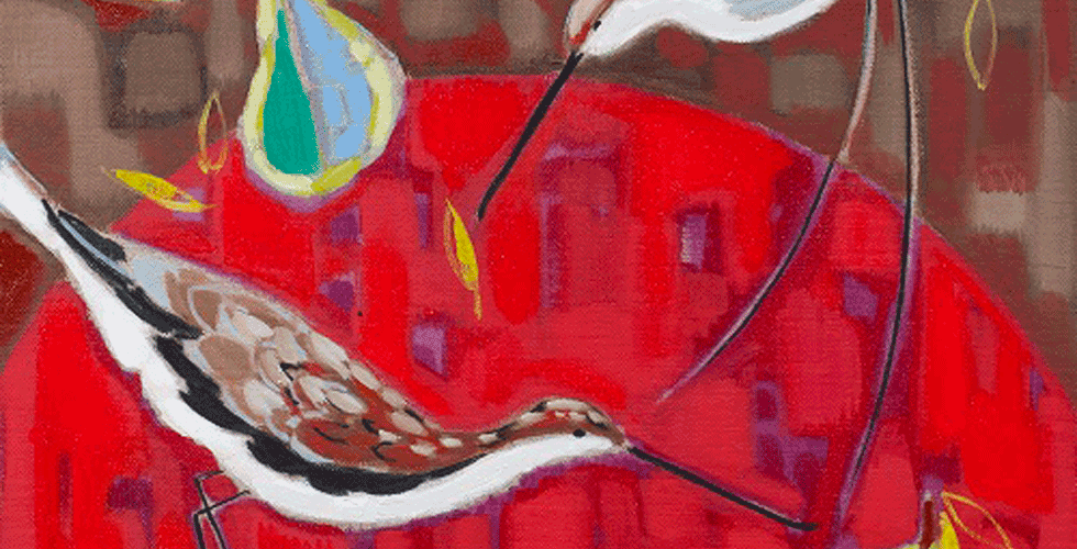 Oil painting called "Curlews & Red Table" by Annabel Fairfax