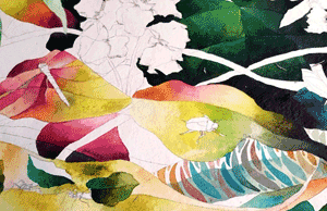 Close-up of a detail from the painting showing a beetle and dragonfly