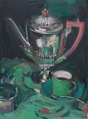Oil painting called 'Still Life With Silver Cafetière' by Luke Martineau
