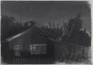 A dark photographic style image of a single storey house lit from the left side