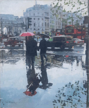 Oil painting called "Rainy Day, Admiralty Arch, Trafalgar Square" by Ken Howard OBE, RA