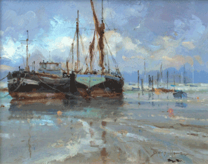 Watercolour called "Moored at Pin Mill, Suffolk" by David Howell PPRSMA