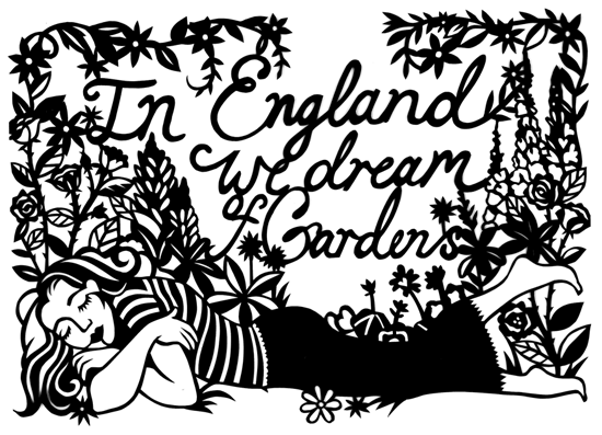 Paper-cut artwork called "In England We Dream of Gardens" by Poppy Chancellor
