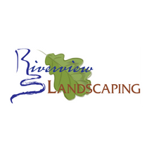 Riverview Landscaping logo: green leaf, blue script