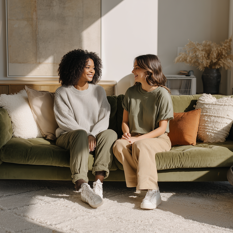 aysiarenee_2_women_talking_together_on_a_comfy_olive_green_couc_4c48a525-ac4e-483a-8d17-c6