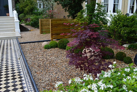 Topiary and sandstone spheres, contemporay front garden, bin store, tiled path, St Margarets