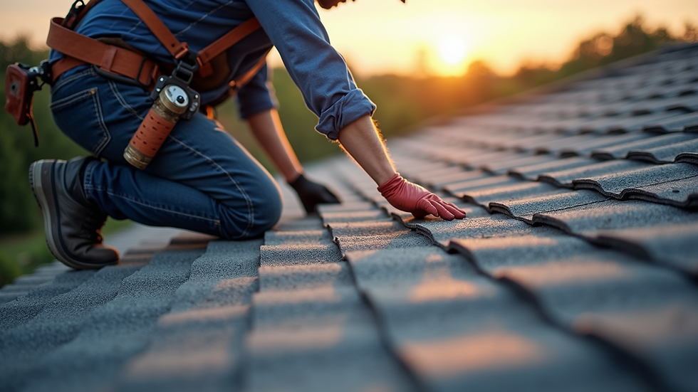 High angle view of roofing contractor inspecting shingles on a roof
