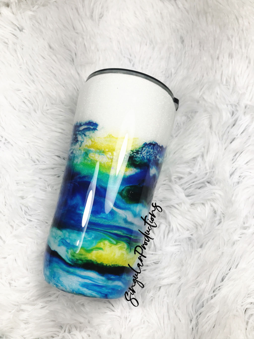 Blue, Green, Yellow Swirl over Snow White Glitter Tumbler
