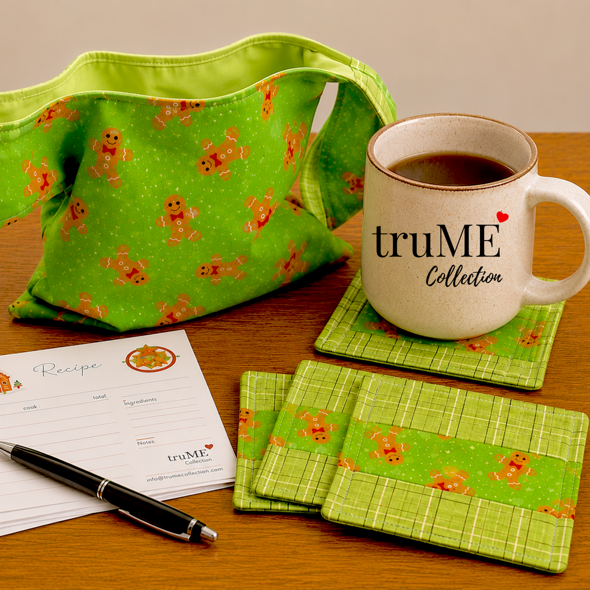 Handmade Japanese Knot Bag - Quilted Coasters - Recipe Cards Set