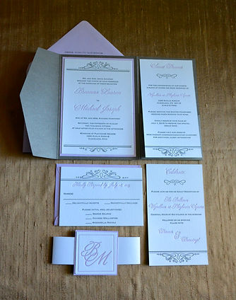 Lavendar and gray letterpress wedding invitation pocket folder, by Lucky Invitations.