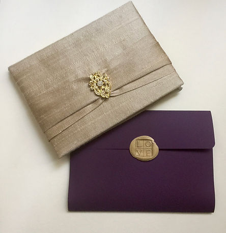 Letterpress wedding invitation pocketfolder and silk folio keepsake invitation, by Lucky Invitations.
