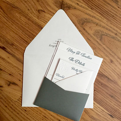 Reverse side of letterpress wedding invitation with pocket for enclosure cards, by Lucky Invitations.