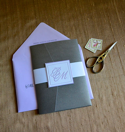 Lavendar and gray letterpress wedding invitation pocket folder, by Lucky Invitations.