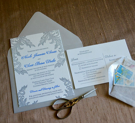 Lace wedding invitation in letterpress, by Lucky Invitations - Chicago.