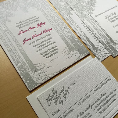 Letterpress wedding invitation suite with birch tree design, by Lucky Invitations.