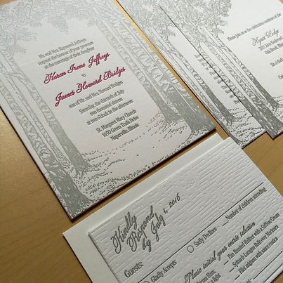 Letterpress wedding invitation suite with birch tree design, by Lucky Invitations.