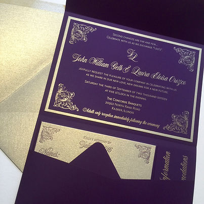 Luxury letterpress wedding invitations in purple with gold ink, by Lucky Invitations.