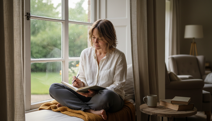 Eye-level view of a person sitting beside a quiet window with a notebook in their hands