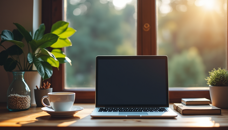 Eye-level view of a calm workspace with a laptop and a cup of tea