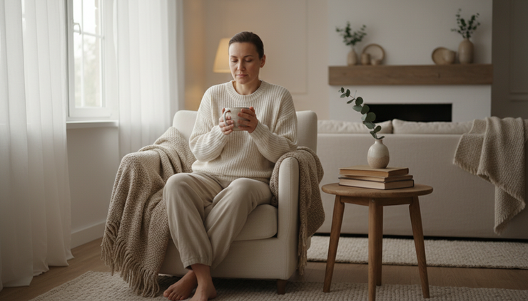 Eye-level view of a person sitting quietly beside a window with a cup of tea