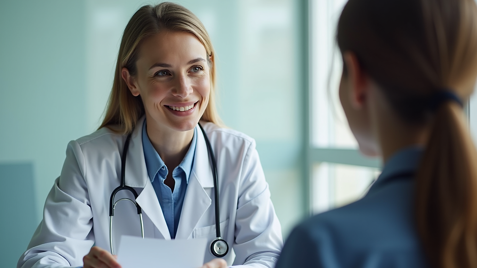 Eye-level view of a healthcare professional discussing insurance options with a patient