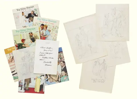 Sotheby's Auction Placement: Group of 4 Normal Rockwell pencil sketches for paintings reproduced on the covers of Top Value Stamps catalogues