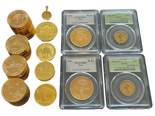 Gold Bullion, Krugerrands, Peruvian gold, and antique gold coins