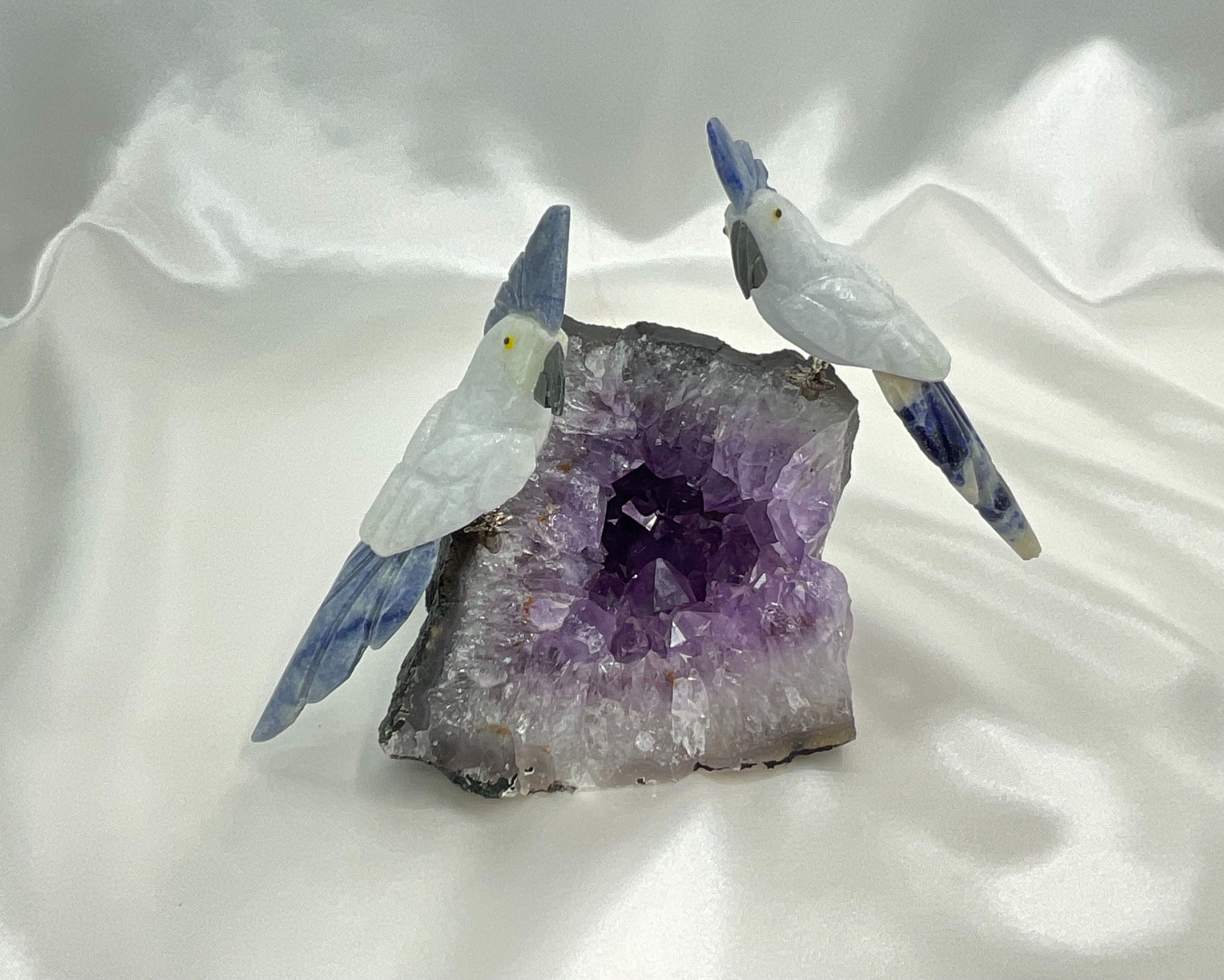 White Quartz & Blue Gemstone birds on Amethyst cluster