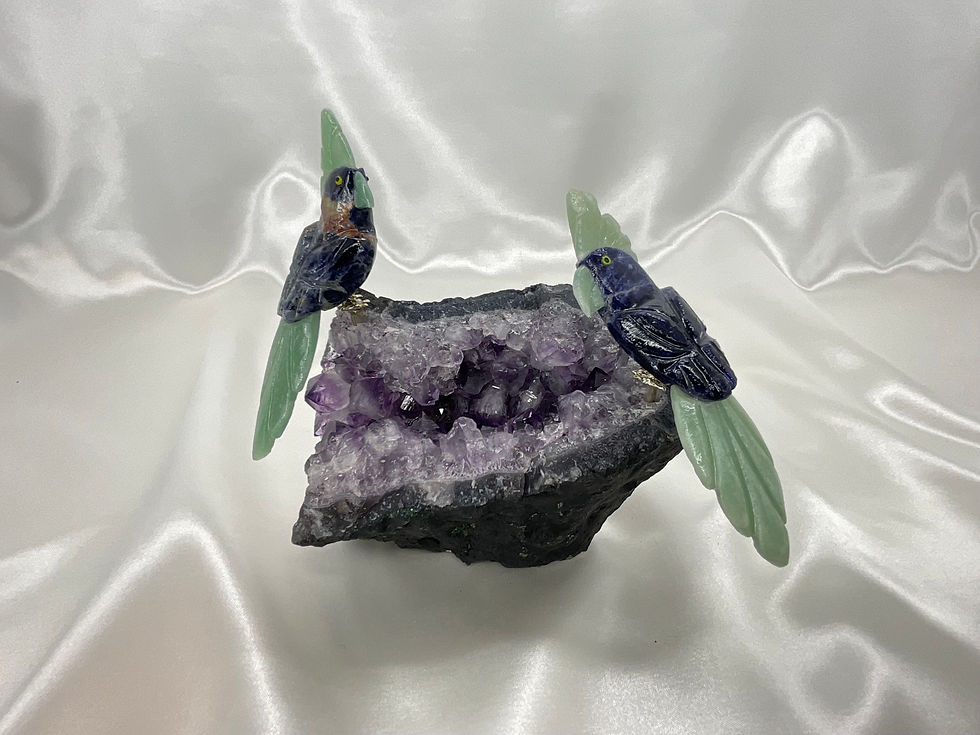 Thumbnail: Dark Blue/Green Gemstone birds on amethyst cluster base