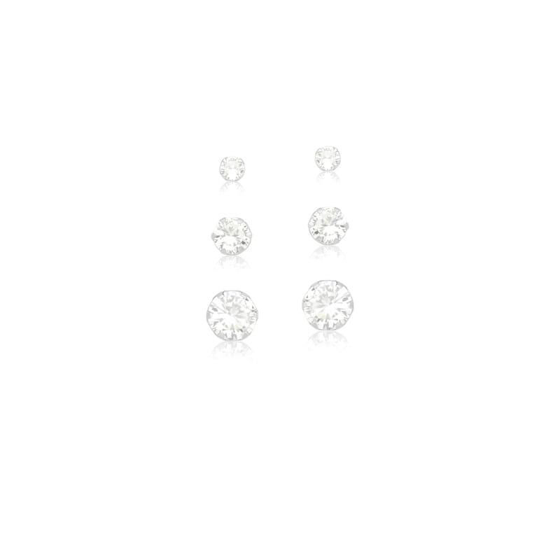 KIT TRÊS PARES DE BRINCOS DE PRATA COM CRISTAIS BRANCOS