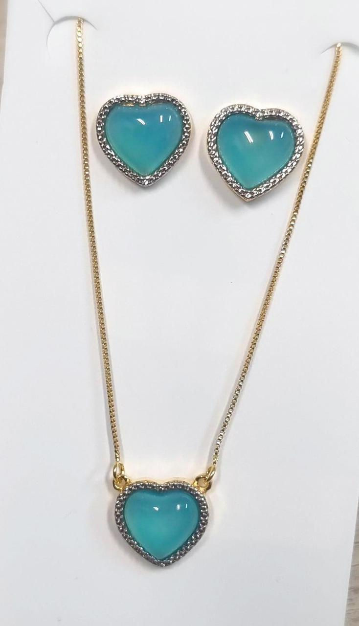 CONJUNTO CORAÇÃO COM PEDRA NATURAL