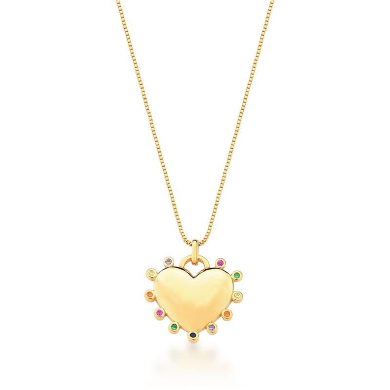 CORRENTE COM PINGENTE DE CORAÇÃO COM ZIRCÔNIAS COLORIDAS