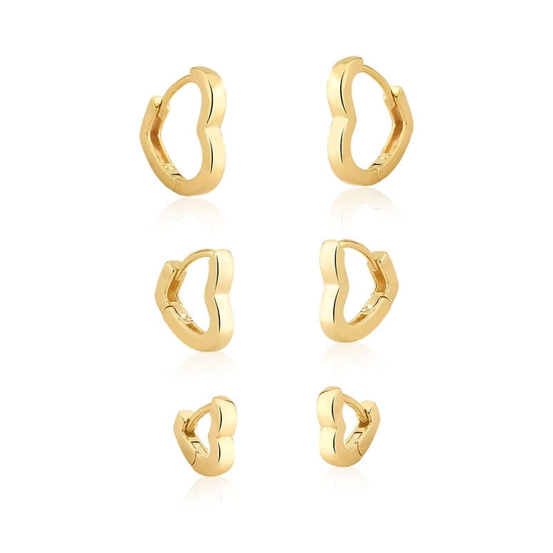 KIT TRÊS PARES DE ARGOLAS DE CORAÇÃO LISA