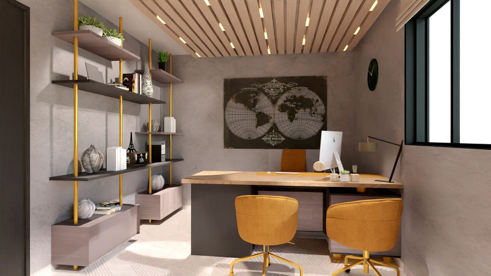 Modern office cabin with a brass bookshelf unit, open shelving, marble desk and carpet flooring, textured walls, plush waiting chairs with gold accents, and elegant lighting.