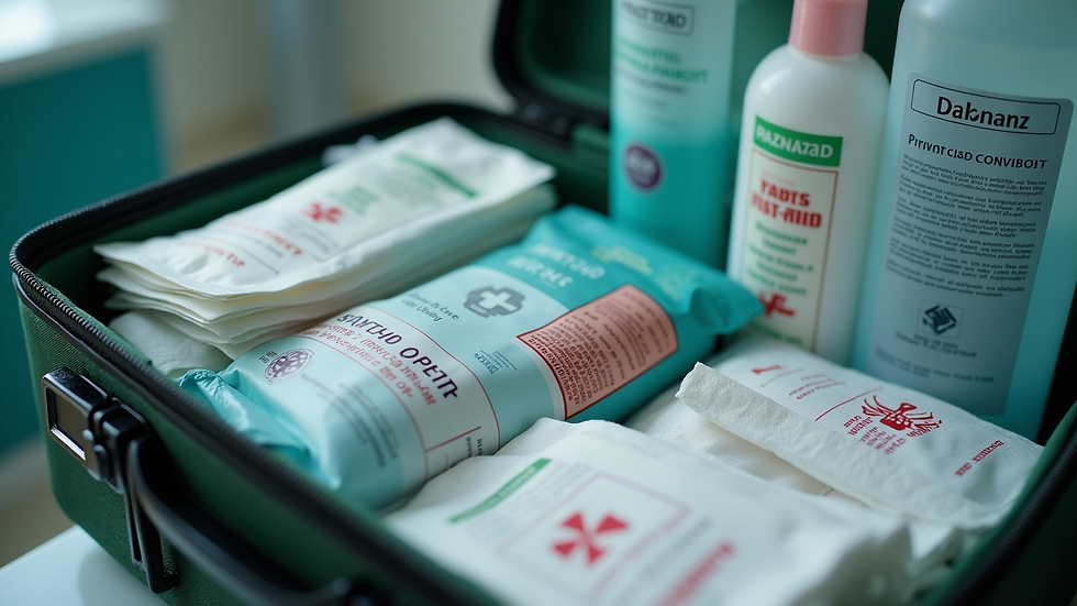 Close-up of a well-stocked first aid kit with bandages and disinfectants