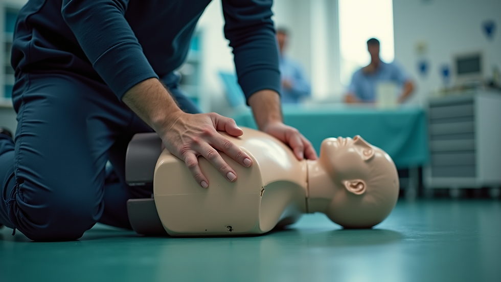 Eye-level view of a first aid training session with a man practicing CPR on a dummy
