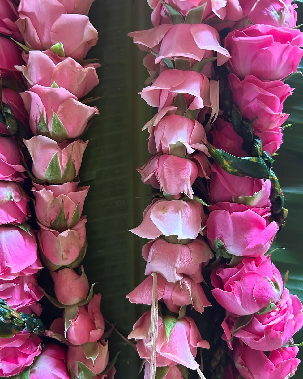 Eye-level view of a variety of graduation leis on display