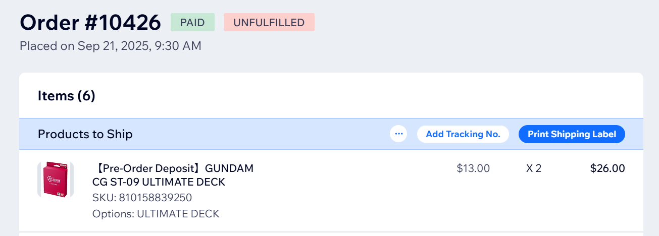 Balance Payment FOR Order #10426