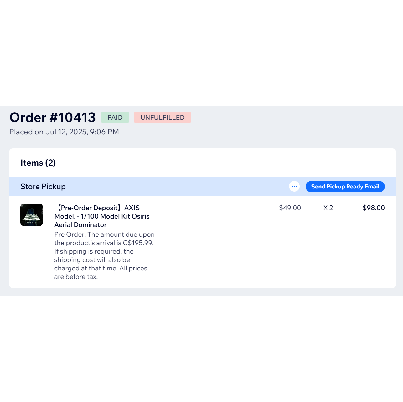Balance Payment FOR Order 10413