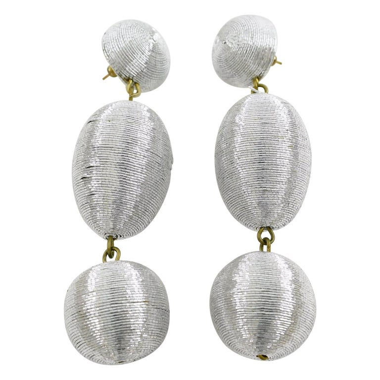 Oversized Dangle Silver Metallic Thread Pierced Earrings