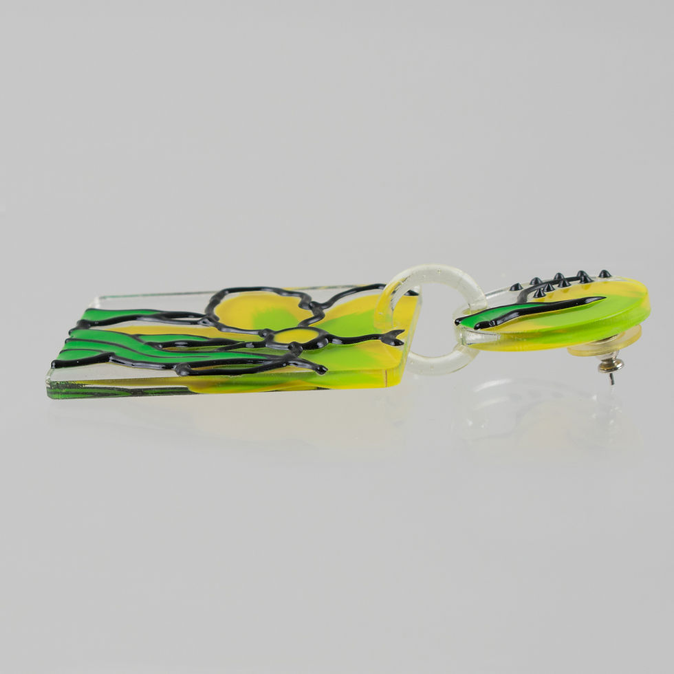 Thumbnail: Flower Power Yellow and Green Lucite Dangle Pierced Earrings