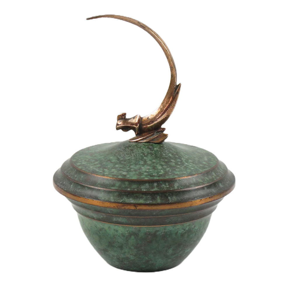 Carl Sorensen Art Deco Bronze Bowl Box with Bird Brass Finial