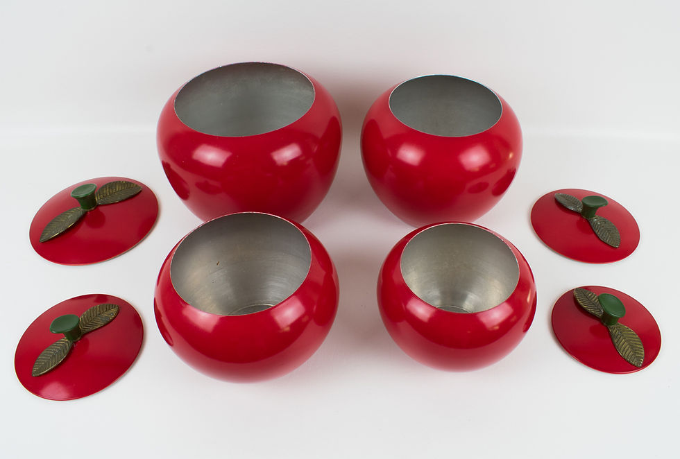 Thumbnail: Mid-Century Red Apple Aluminum Kitchen Canisters or Jars, 4 Pieces