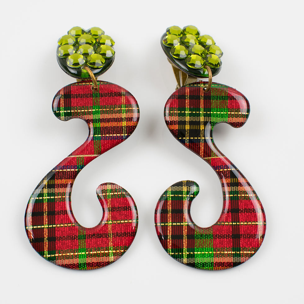 Thumbnail: Jeweled Dangle Lucite Clip Earrings with Red and Green Plaid Pattern