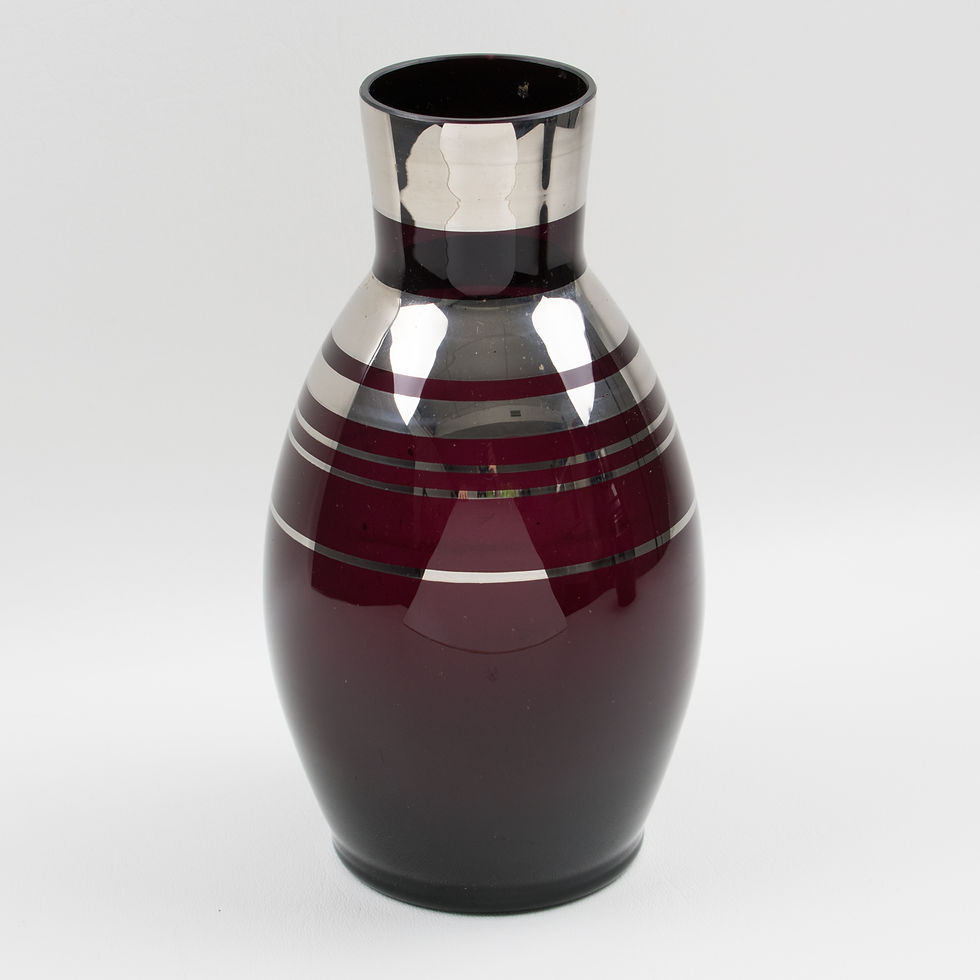 Thumbnail: Fains France Art Deco Silver Overlay on Black Opaline Glass Vase Set